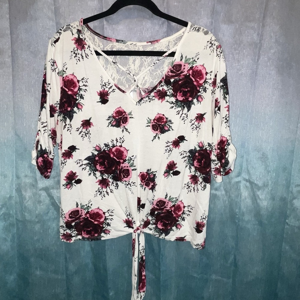 NOBO XXXL 3x (21) Cream Rose Floral Lace Back Front Knot Top Shirt 3/4 Sleeve